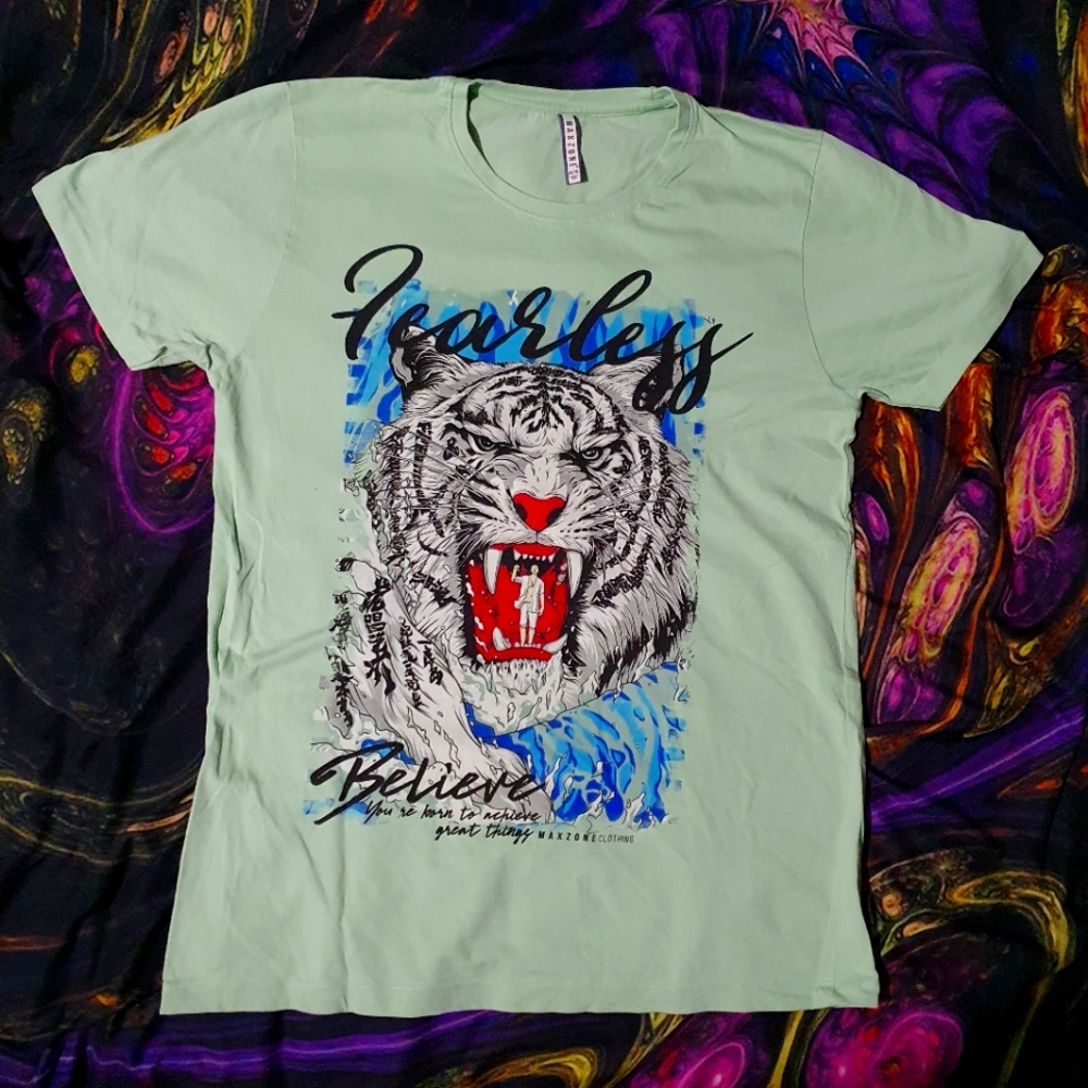 L - MaxZone Mint Green Fearless White Tiger Graphic Shirt